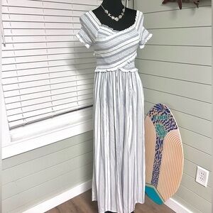 ⭐️Japana,Smocked,Shoulder Dress,Boho Blue-Striped Lightweight,Vacation Perfect